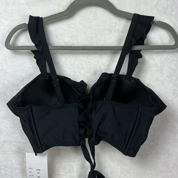 Unique Vintage Black Padded Southampton Ruffle Long Line Corset Swim Bikini Top - Picture 8 of 15